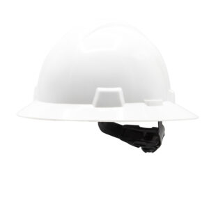 Full-brimmed safety helmet with 6-point inner lining, new model with rotating adjustment and chin strap. Model UP-20