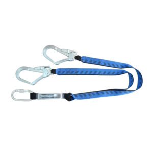 Essential Shock Absorbing Webbing Double Leg Lanyard with Steel Screw Locking Karabiner and Steel Scaffold Hook (1.5m)