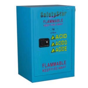 a cabinet for storing chemicals, opening the door, closed manual, 12 gallon capacity Model M1012B-R