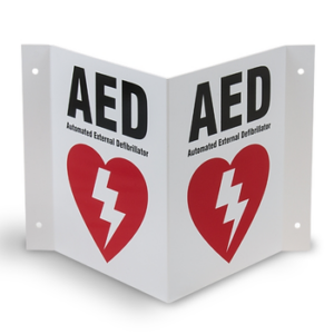 ป้ายพับสัญลักษณ์ AED ขนาด 15x15x30 ซม. วัสดุอลูมิเนียม 2มม. สติ๊กเกอร์ 3M