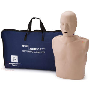 Adult mannequin, half body sized resuscitation simulator, with lights indicating the effectiveness of CPR.