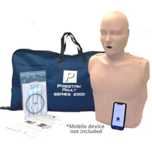 Adult mannequin, half body sized resuscitation simulator, with lights indicating the effectiveness of CPR.